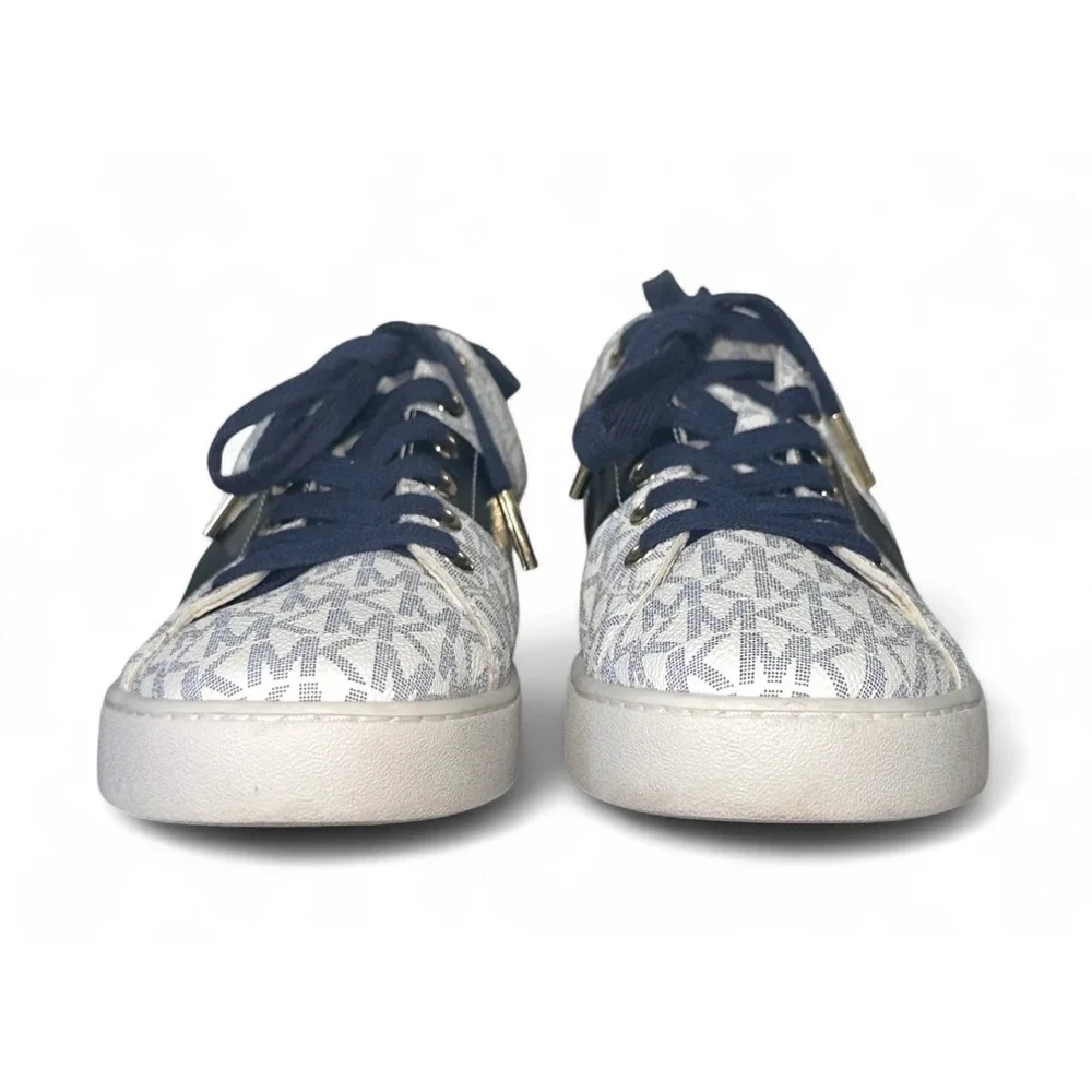 Michael‎ Kors Women's MK Signature Logo Low Top Sneakers White Navy Size 9.5